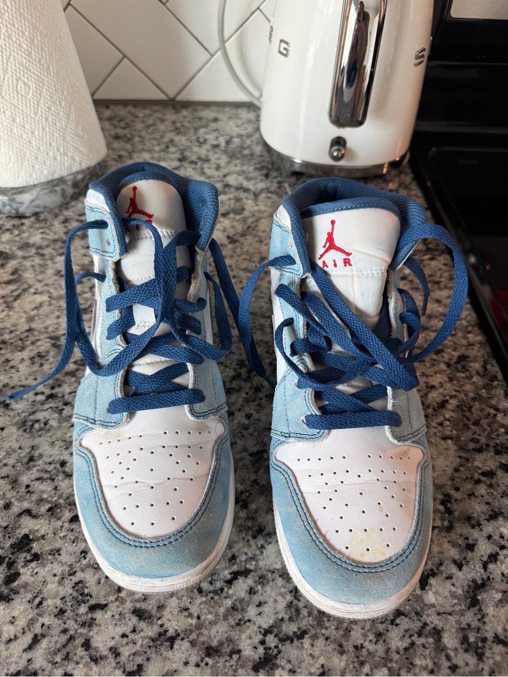 Jordan Light Blue and White High-Top Sneakers with Red Jumpman